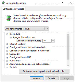 Opciones de energía - Restaurar valores predeterminados del plan