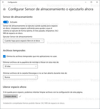 Configurar Sensor de almacenamiento o ejecutarlo ahora - Liberar espacio ahora