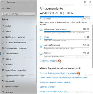 Almacenamiento - Mostrar más categorías y ver el uso de almacenamiento en otras unidades