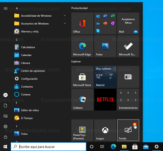 Menú de Inicio Windows 10 - Acceso directo a Configuración Fondo