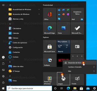 Menú de Inicio Windows 10 - Acceso directo a Configuración Juegos - Desanclar de Inicio