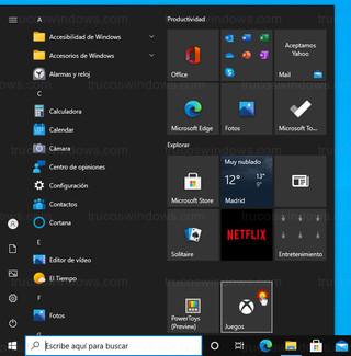 Menú de Inicio Windows 10 - Acceso directo a Configuración Juegos