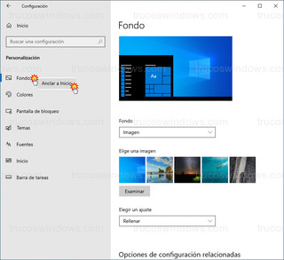 Configuración Personalización - Fondo de escritorio - Anclar a Inicio