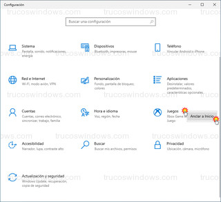 Configuración Windows 10 - Juegos - Anclar a Inicio