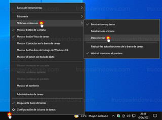 Noticias e intereses - Quitar tiempo de la barra de tareas de Windows 10