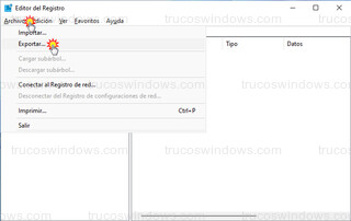 Editor del registro - Archivo > Exportar...