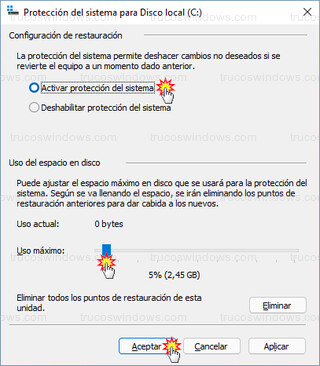 Configuración de restauración - Activar protección del sistema