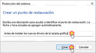 Protección del sistema - Crear un punto de restauración > Crear