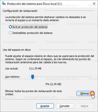 Protección del sistema - Eliminar todos los puntos de restauración de esta unidad
