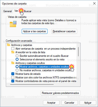 Opciones de carpeta - Mostrar archivos, carpetas y unidades ocultos