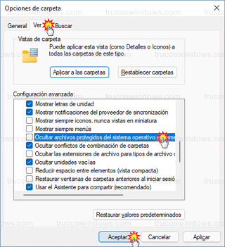 Opciones de carpeta - Ocultar archivos protegidos del sistema operativo
