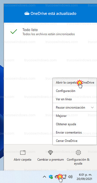 Barra de tareas de Windows 11 - Abrir la carpeta de OneDrive desde el icono