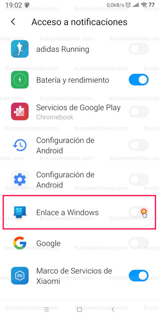 Android - Acceso a notificaciones de Enlace a Windows