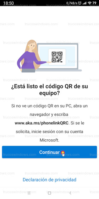 Enlace a Windows - Continuar con código QR