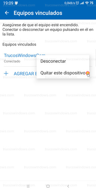 Enlace a Windows - Equipos vinculados > Quitar este dispositivo