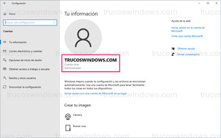 Configuración de Windows > Cuentas - Cuenta en uso de administrador