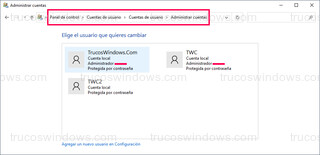 Panel de control - Panel de control > Cuentas de usuario > Cuentas de usuario > Administrar cuentas