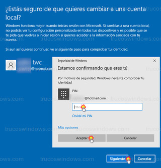 Cambiar a una cuenta local - Confirmación mediante PIN