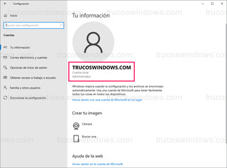 Windows 10 - Información de la cuenta > Cuenta local