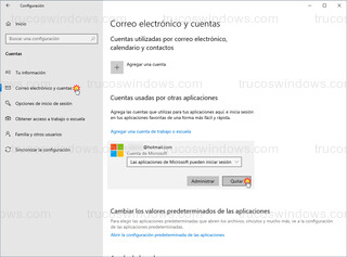 Correo electrónico y cuentas - Quitar cuenta de Microsoft