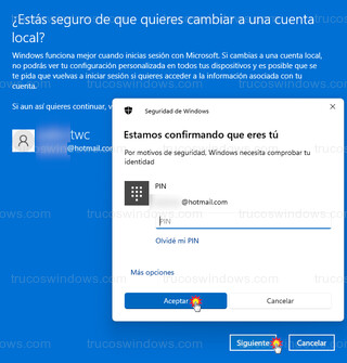 Cambiar a una cuenta local - Confirmación mediante PIN