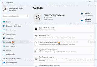 Configuración de Windows 11 - Cuentas > Correo electrónico y cuentas