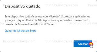 Quitar tu dispositivo - Dispositivo quitado > Aceptar