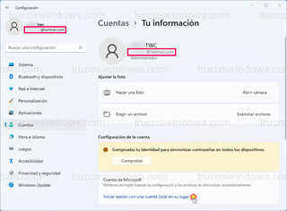 Cuentas > Tu información - Iniciar sesión con una cuenta local en su lugar