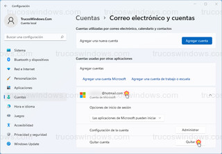 Cuentas > Correo electrónico y cuentas - Quitar cuenta de Microsoft