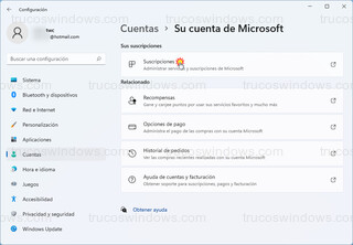 Cuentas > Su cuenta de Microsoft - Suscripciones