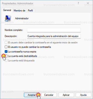 Propiedades: Administrador - La cuenta está deshabilitada