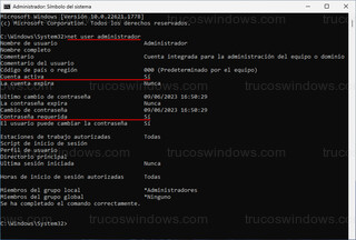 Estado de la cuenta de administrador - net user administrador