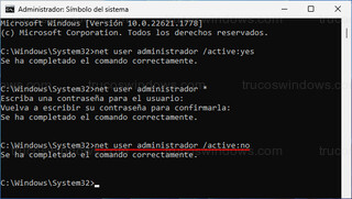 Administrador: Símbolo del sistema - Ocultar la cuenta de administrador integrada