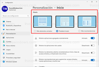Windows 11 - Personalización > Inicio > Diseño