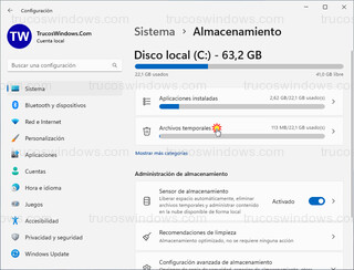 Windows 11 - Sistema - Almacenamiento > Archivos temporales