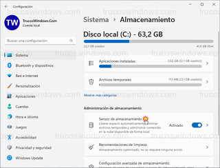 Windows 11 - Sistema - Almacenamiento > Sensor de almacenamiento