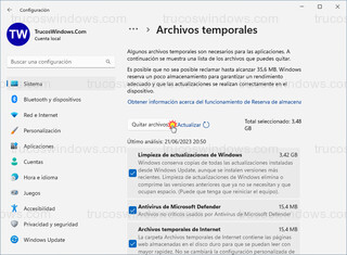 Windows 11 - Sistema > Almacenamiento - Archivos temporales > Quitar archivos