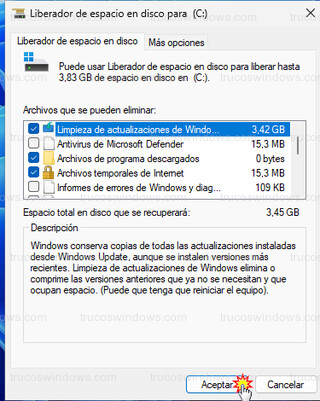 Windows 11 - Liberador de espacio en disco - Comienzo de la limpieza desde el Liberador de espacio