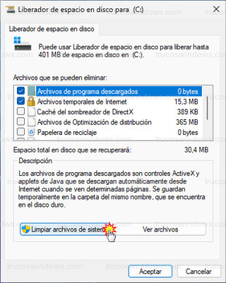 Windows 11 - Liberador de espacio en disco - Limpiar archivos de sistema