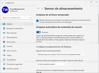 Windows 11 - Sistema > Almacenamiento - Sensor de almacenamiento > Configuración