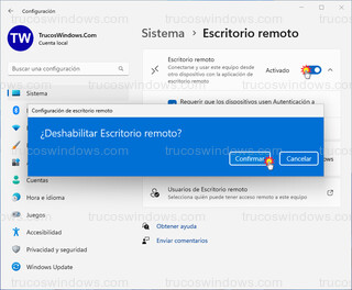 Sistema > Escritorio remoto - Deshabilitar Escritorio remoto