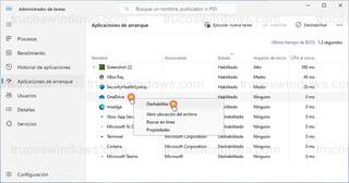 Windows 11 - Administrador de tareas - Aplicaciones de arranque - deshabilitar aplicación