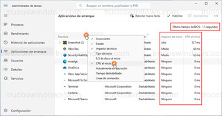 Windows 11 - Administrador de tareas - Aplicaciones de arranque - Tiempos de inicio