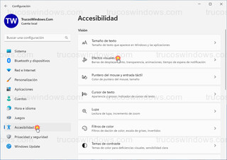 Windows 11 - Accesibilidad > Efectos visuales