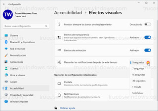 Accesibilidad > Efectos visuales - Descartar las notificaciones después de este tiempo