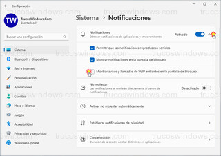 Sistema > Notificaciones - Mostrar avisos y llamadas de VoIP entrantes en la pantalla de bloqueo