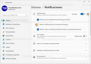 Sistema > Notificaciones - Mostrar notificaciones en la pantalla de bloqueo