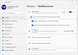 Sistema > Notificaciones - Permitir que las notificaciones reproduzcan sonidos