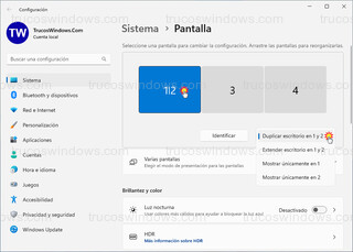 Windows 11 - Ampliar o extender 2 pantallas y a la vez duplicar esas 2 pantallas > Duplicar escritorio 1 y 2