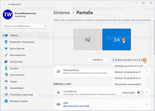 Windows 11 - Ampliar o extender 2 pantallas y a la vez duplicar esas 2 pantallas > Duplicar escritorio 3 y 4